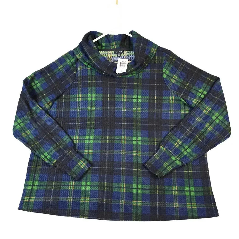 Torrid Cowl Neck Blouse Women's 00 M/L Waffle Knit Plaid Cottagecore Irish New